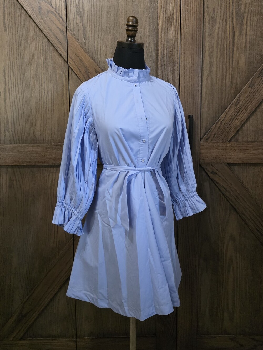 Sovere Light Blue Ruffle-Neck Button Front Long-Sleeve Dress